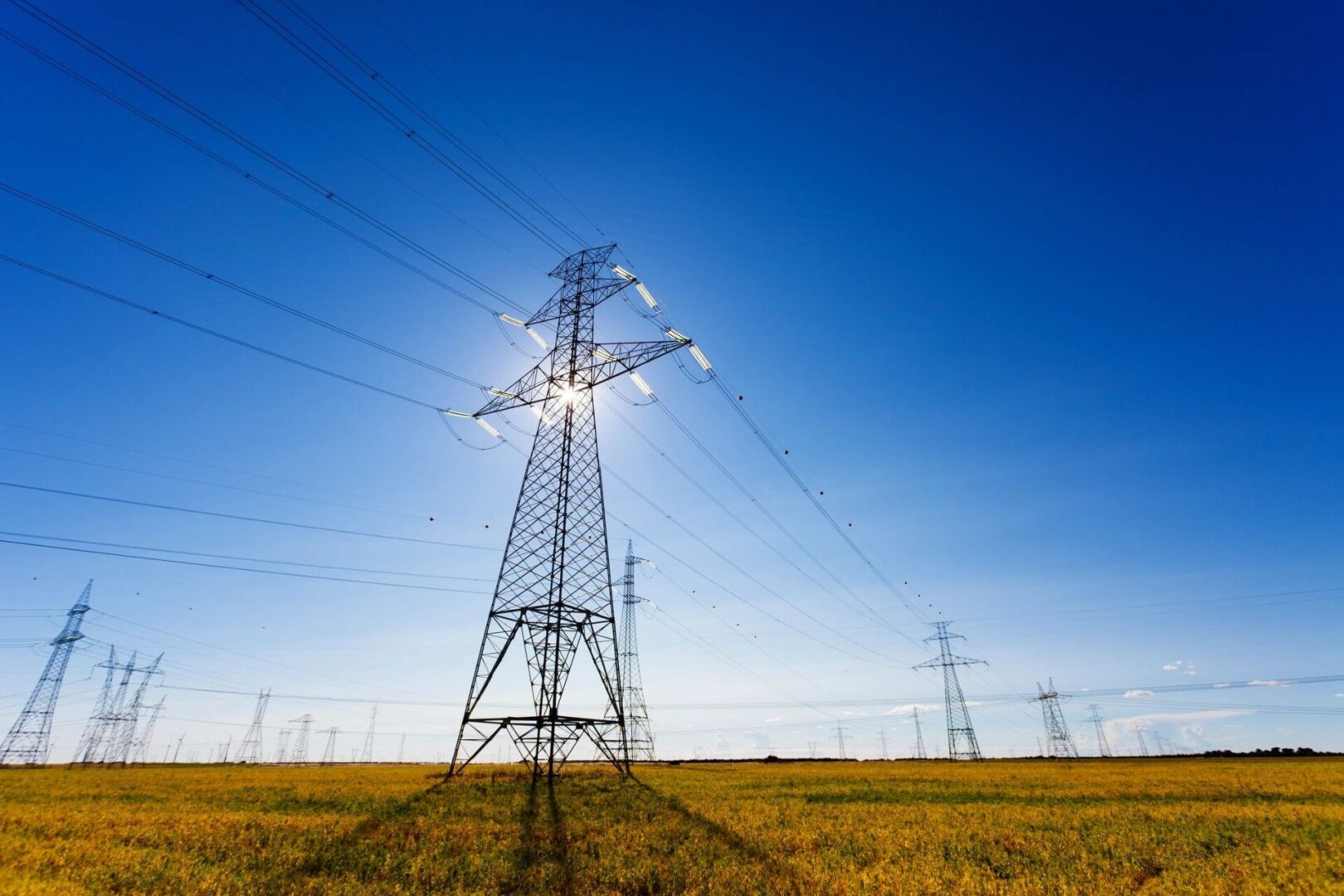 A power line tower in the middle of a field.